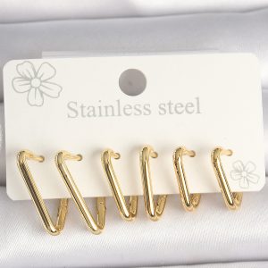 316L Çelik Gold Renk Üçgen Model Kadın Küpe Seti - Görsel 1