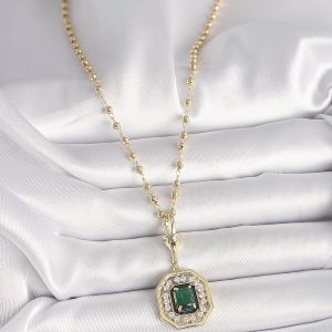 316L Çelik Gold Renk Topçuk Zincir Yeşil Taşlı Seranay Model Kadın Kolye - Görsel 2