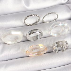Pirinç Gümüş Renk Beyaz Akrilik Plastik Model Kutup Yıldız İşleme Detaylı Kadın Yüzük Kombini - Görsel 1
