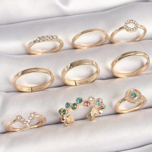 Pirinç Gold Renk Renkli Zirkon Taşlı Kadın Yüzük Kombini - Görsel 1