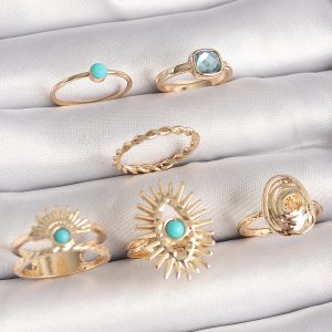 Pirinç Gold Renk Mavi Taşlı Göz Model Kare Zirkon Taşlı Kadın Yüzük Kombini - Görsel 1