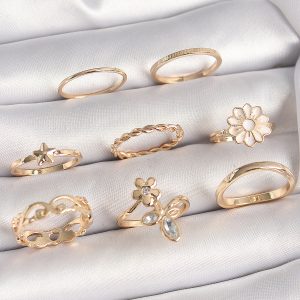 Pirinç Gold Renk Çiçek Model Zirkon Taş Detay Kadın Yüzük Kombini - Görsel 1