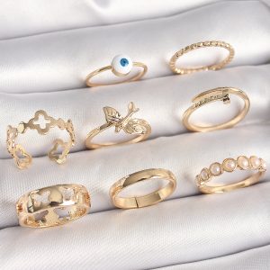 Pirinç Gold Renk Nazar Boncuk Model Kuş Detay Kadın Yüzük Kombini - Görsel 1
