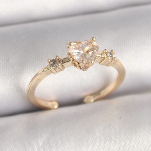 Pirinç Gold Renk Zirkon Taşlı Kalp Model Ayarlanabilir Kadın Yüzük - Görsel 1