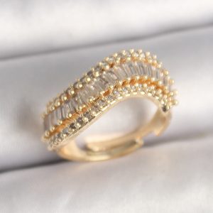 Pirinç Gold Renk Su Yolu Zirkon Taşlı Dalga Model Ayarlanabilir Kadın Yüzük - Görsel 1