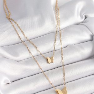 316L Çelik Gold Renk 2'Li Simli Kelebek Model Kadın Kolye - Görsel 2