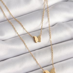316L Çelik Gold Renk 2'Li Simli Kelebek Model Kadın Kolye - Görsel 1
