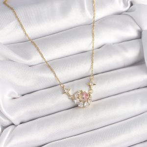 316L Çelik Gold Renk Zirkon Taşlı Hilal Pembe Kalp Model Kadın Kolye - Görsel 2