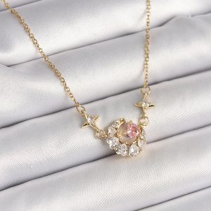 316L Çelik Gold Renk Zirkon Taşlı Hilal Pembe Kalp Model Kadın Kolye - Görsel 1