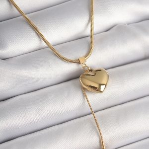 316L Çelik Gold Renk Tüp Zincir Model 3D Sallantı Kalp Model Kadın Kolye - Görsel 1