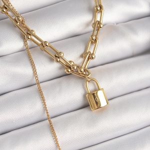 316L Çelik Gold Renk Tiffany Zincir Model Kilit Figür Sallantı İnci Detay Kadın Kolye - Görsel 1
