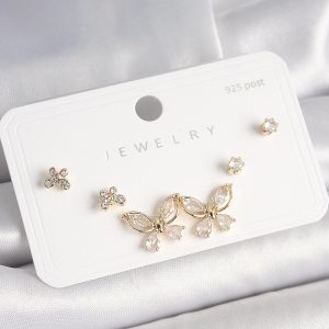 925 Ayar Çivi Gümüş Pirinç Gold Renk Zirkon Taşlı Kelebek Model Kadın Küpe Seti - Görsel 1