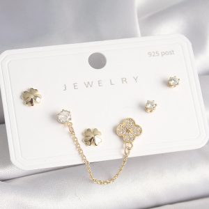 925 Ayar Gümüş Çivi Pirinç Gold Renk Zirkon Taşlı Yonca Model Sallantı Zincir Detay Kadın Küpe Seti - Görsel 1