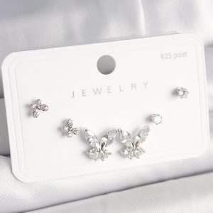 925 Ayar Gümüş Çivi Pirinç Zirkon Taşlı Kelebek Model Kadın Küpe Seti - Görsel 1