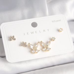 925 Ayar Gümüş Çivi Pirinç Gold Renk Zirkon Taşlı Kelebek Model Kadın Küpe Seti - Görsel 1