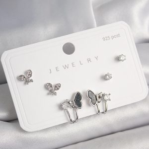 925 Ayar Gümüş Çivi Pirinç Gümüş Renk Zirkon Taşlı Kelebek Model Kadın Küpe Seti - Görsel 1