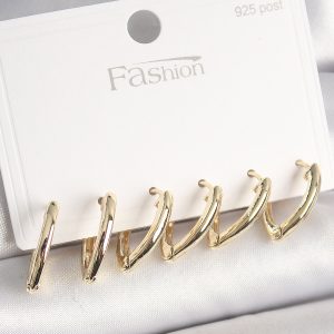 925 Ayar Gümüş Çivi Pirinç Gold Renk Üçgen Model Kadın Küpe Seti - Görsel 1
