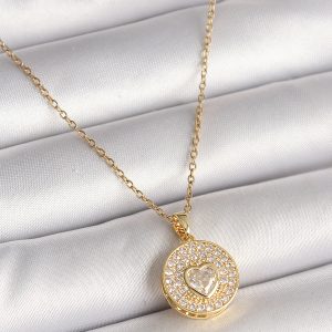 316L Çelik Gold Renk Zincir Madalyon Zirkon Taşlı Kalp Model Kadın Kolye - Görsel 1