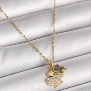 316L Çelik Gold Renk Zincir Sallantı Zirkon Taşlı Yonca Model Kadın Kolye - Görsel 1
