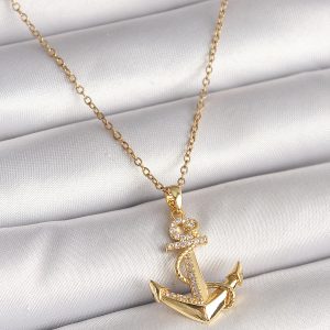 316L Çelik Gold Renk Zincir Zirkon Taş Detaylı Çapa Model Kadın Kolye - Görsel 1
