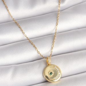 316L Çelik Gold Renk Zincir Zirkon Taş İşlemeli Hilal Yıldız İşlemeli Madalyon Model Kadın Kolye - Görsel 1