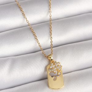 316L Çelik Gold Renk Zincir Zirkon Taşlı Yonca Model Kadın Kolye - Görsel 1