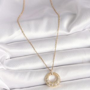 316L Çelik Gold Renk Zincir Zirkon Taş İşlemeli Daire Model Kadın Kolye - Görsel 2