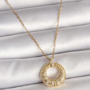 316L Çelik Gold Renk Zincir Zirkon Taş İşlemeli Daire Model Kadın Kolye - Görsel 1