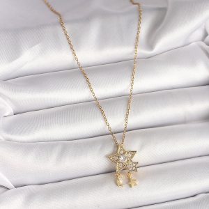 316L Çelik Gold Renk Zincir Zirkon Taşlı Yıldız Model Sallanı Ay Yıldız Detay Kadın Kolye - Görsel 2