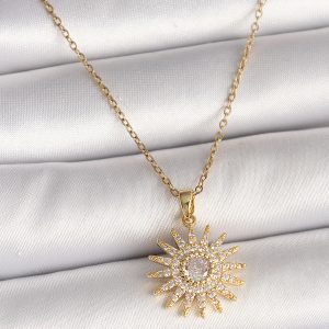 316L Çelik Gold Renk Zincir Zirkon Taşlı Güneş Model Kadın Kolye - Görsel 1