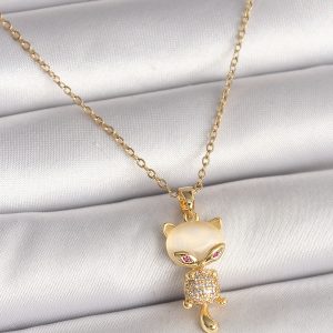 316L Çelik Gold Renk Zincir Zirkon Taşlı Kedi Model Kadın Kolye - Görsel 1