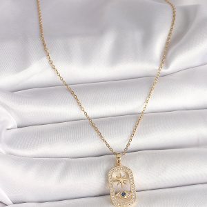 316L Çelik Gold Renk Zincir Zirkon Taşlı Göz Yıldız Model Kadın Kolye - Görsel 2