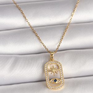 316L Çelik Gold Renk Zincir Zirkon Taşlı Göz Yıldız Model Kadın Kolye - Görsel 1