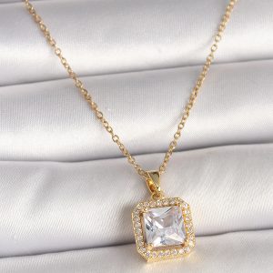 316L Çelik Gold Renk Zincir Kare Zirkon Taşlı Model Kadın Kolye - Görsel 1