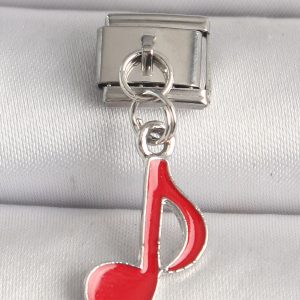 316L Çelik Gümüş Renk Kırmızı Müzik Nota Model Nomination Charm - Görsel 1