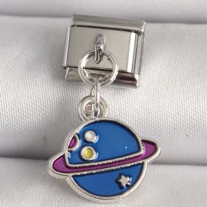 316L Çelik Gümüş Renk Mavi Satürn Model Nomination Charm - Görsel 1