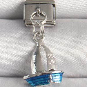 316L Çelik Gümüş Renk Mavi Yelkenli Model Nomination Charm - Görsel 1
