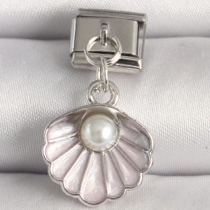 316L Çelik Gümüş Renk Pembe Deniz Kabuğu Model İnci Detay Nomination Charm - Görsel 1