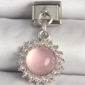 316L Çelik Gümüş Renk Pembe Mineli Zirkon Taşlı Güneş Model Nomination Charm - Görsel 1
