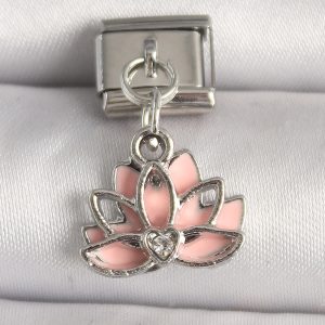 316L Çelik Gümüş Renk Pembe Lotus Model Zirkon Taş Detaylı Nomination Charm - Görsel 1