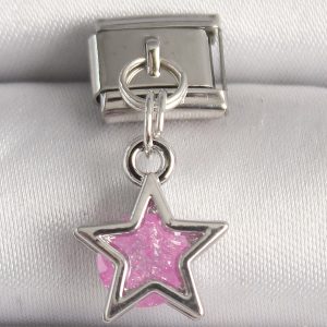 316L Çelik Gümüş Renk Pembe Zirkon Taşlı Yıldız Model Nomination Charm - Görsel 1