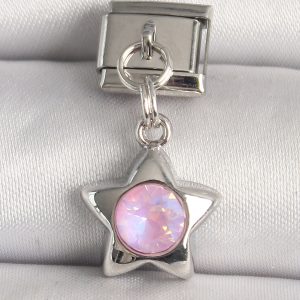 316L Çelik Gümüş Renk Pembe Zirkon Taşlı Yıldız Model Nomination Charm - Görsel 1