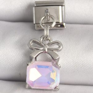 316L Çelik Gümüş Renk Pembe Zirkon Taşlı Çanta Model Nomination Charm - Görsel 1