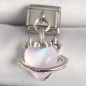 316l Çelik Gümüş Renk Pembe Mineli Kalp Model Nomination Charm - Görsel 1