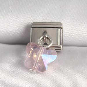 316L Çelik Gümüş Renk Pembe Zirkon Taşlı Kelebek Model Nomination Charm - Görsel 1