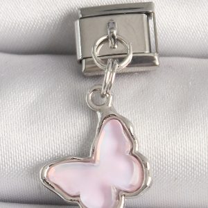 316L Çelik Gümüş Renk Pembe Kelebek Model Nomination Charm - Görsel 1