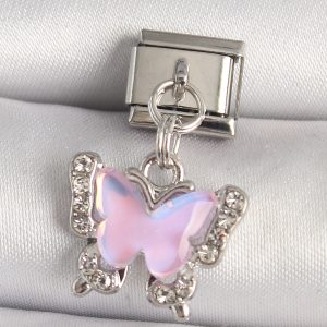 316L Çelik Gümüş Renk Zirkon Taşlı Pembe Kelebek Model Nomination Charm - Görsel 1