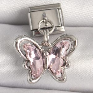 316L Çelik Gümüş Renk Pembe Zirkon Taşlı Kelebek Model Nomination Charm - Görsel 1