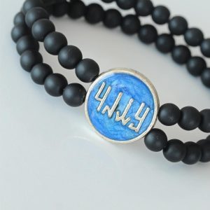 Vav Figürlü Lacivert Metal Aksesuarlı Çift Sıra Oniks Doğal Taş Erkek Bileklik - Görsel 2