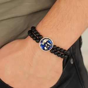Atatürk Portre Figürlü Lacivert Metal Aksesuarlı Siyah Oniks Doğal Taş Erkek Bileklik - Görsel 1